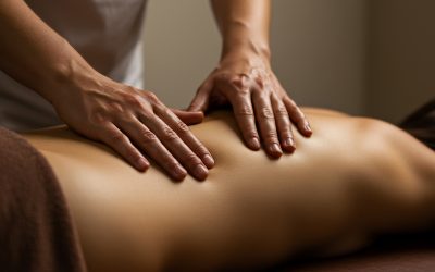 Closeup of a person receiving a back massage with two hands on t